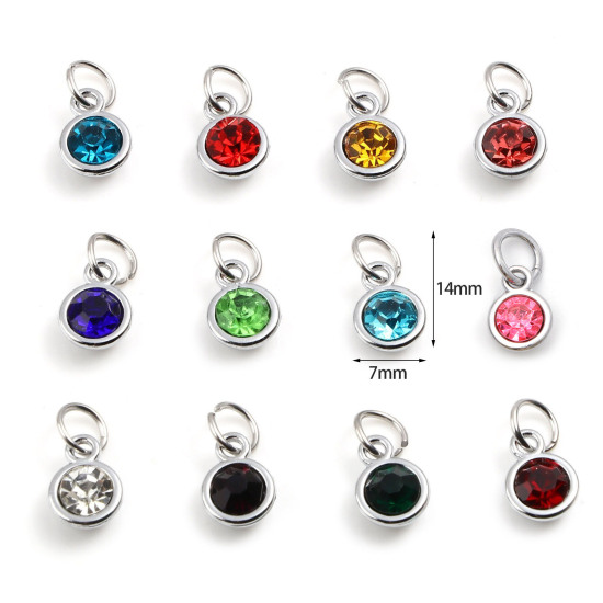 Image de Breloques Pierres de Naissance en Alliage de zinc+Verre Rond Argent Mat Multicolore 14mm x 7mm, 10 Pcs