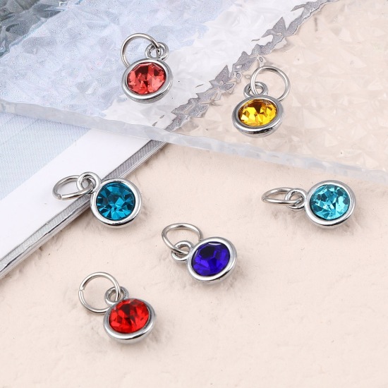 Image de Breloques Pierres de Naissance en Alliage de zinc+Verre Rond Argent Mat Multicolore 14mm x 7mm, 10 Pcs
