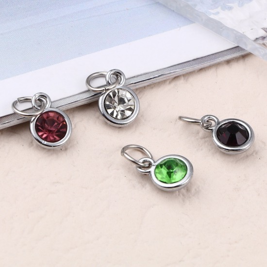 Image de Breloques Pierres de Naissance en Alliage de zinc+Verre Rond Argent Mat Multicolore 14mm x 7mm, 10 Pcs