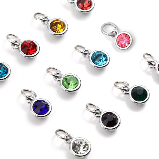 Image de Breloques Pierres de Naissance en Alliage de zinc+Verre Rond Argent Mat Multicolore 14mm x 7mm, 10 Pcs