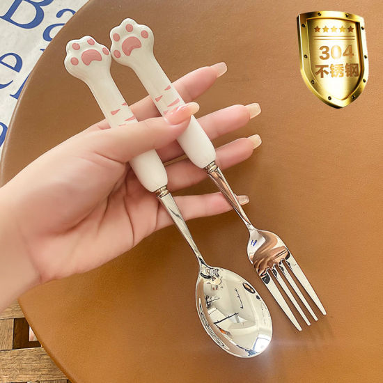 Изображение Cute Cat Paw Silvery 304 Stainless Steel & Ceramic Spoon Flatware Cutlery Tableware