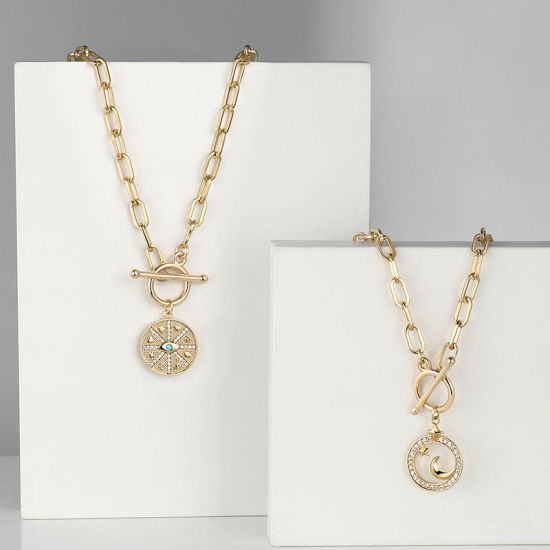 Imagen de 1 Unidad Enchapado al Vacío Ecológico Elegante Galaxia 18K Oro Real Chapado Latón & Brillantito Catena di Fermagli Luna Media Estrella Collar con Colgante Para Mujeres Fiesta