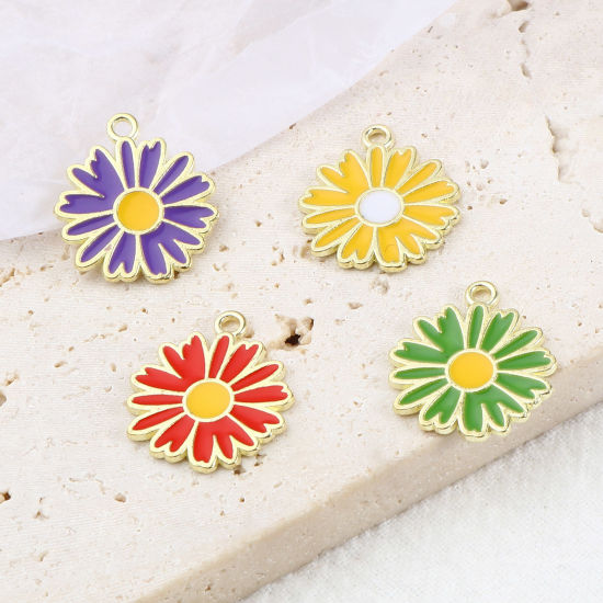 Immagine di Lega di Zinco Charms Fiore Margherita Oro Placcato Multicolore Smalto 18mm x 16mm , 20 Pz