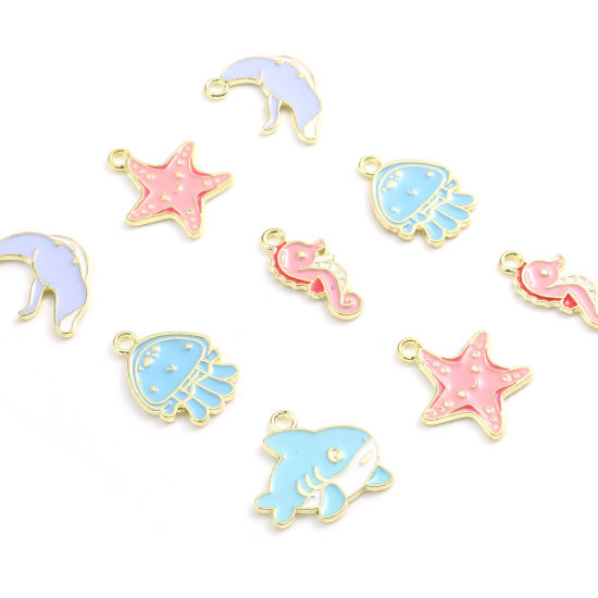 Picture of Zinc Based Alloy Ocean Jewelry Charms Gold Plated Multicolor Enamel 20 PCs