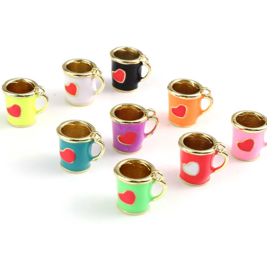 Immagine di Lega di Zinco San Valentino Charms Tazza Oro Placcato Multicolore Cuore Smalto 14mm x 13mm , 2 Pz