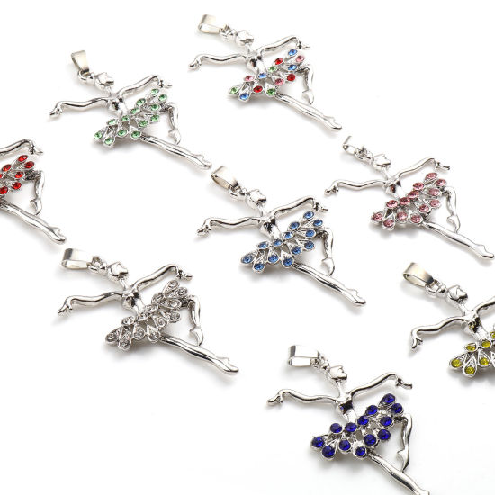 Picture of Zinc Based Alloy Micro Pave Pendants Dancing girl Silver Tone Multicolor Rhinestone 5.6cm x 3.4cm, 1 Piece