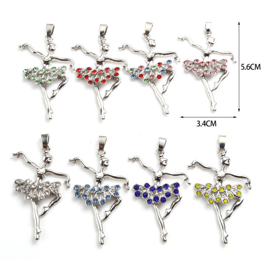 Picture of Zinc Based Alloy Micro Pave Pendants Dancing girl Silver Tone Multicolor Rhinestone 5.6cm x 3.4cm, 1 Piece