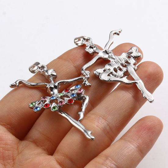 Picture of Zinc Based Alloy Micro Pave Pendants Dancing girl Silver Tone Multicolor Rhinestone 5.6cm x 3.4cm, 1 Piece