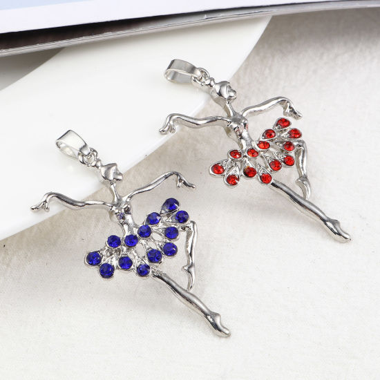 Picture of Zinc Based Alloy Micro Pave Pendants Dancing girl Silver Tone Multicolor Rhinestone 5.6cm x 3.4cm, 1 Piece