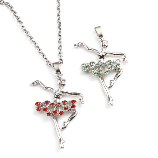 Picture of Zinc Based Alloy Micro Pave Pendants Dancing girl Silver Tone Multicolor Rhinestone 5.6cm x 3.4cm, 1 Piece