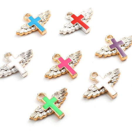 CCB Plastic Religious Charms Cross Rose Gold Multicolor Enamel Wing 29mm x 22mm, 10 PCs