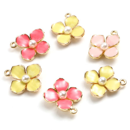 10 個 亜鉛合金 チャーム 金メッキ 多色 エナメル フラワー アクリル模造真珠 17mm x 14mm、