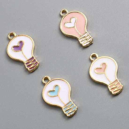 Immagine di Lega di Zinco San Valentino Charms Bulbo Electronico Oro Placcato Multicolore Cuore Smalto 20mm x 12mm , 10 Pz