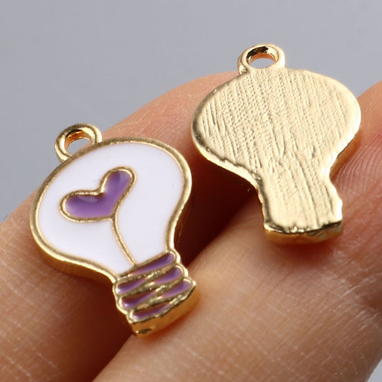 Immagine di Lega di Zinco San Valentino Charms Bulbo Electronico Oro Placcato Multicolore Cuore Smalto 20mm x 12mm , 10 Pz