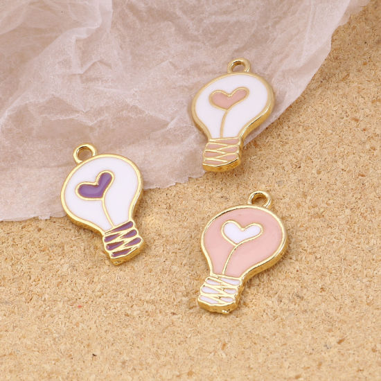 Immagine di Lega di Zinco San Valentino Charms Bulbo Electronico Oro Placcato Multicolore Cuore Smalto 20mm x 12mm , 10 Pz