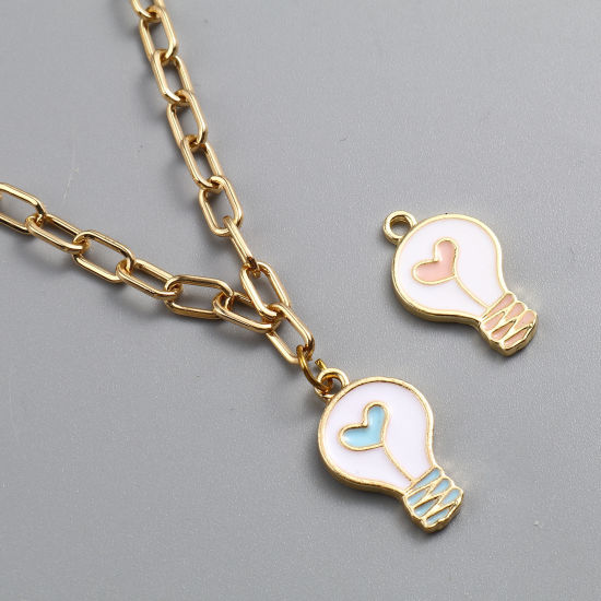 Immagine di Lega di Zinco San Valentino Charms Bulbo Electronico Oro Placcato Multicolore Cuore Smalto 20mm x 12mm , 10 Pz