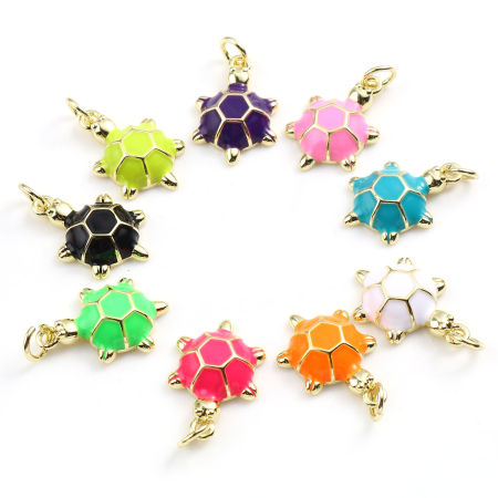 Brass Ocean Jewelry Charms Gold Plated Multicolor Sea Turtle Animal Enamel 22mm x 12mm, 2 PCs