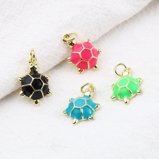 Picture of Brass Ocean Jewelry Charms Gold Plated Multicolor Sea Turtle Animal Enamel 22mm x 12mm, 2 PCs                                                                                                                                                                 