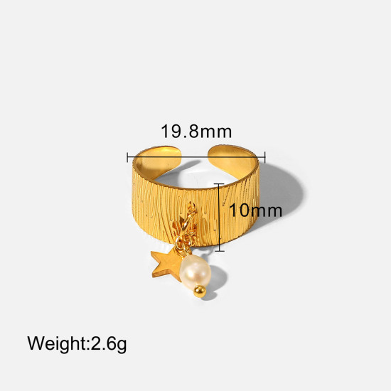 Image de Respectueux de la Nature Simple & Décontracté Bagues Ouvert Élégant en 304 Acier Inoxydable & Perle Naturelle Plaqué Or Véritable 18K Blanc Pour Femmes 1 Pièce