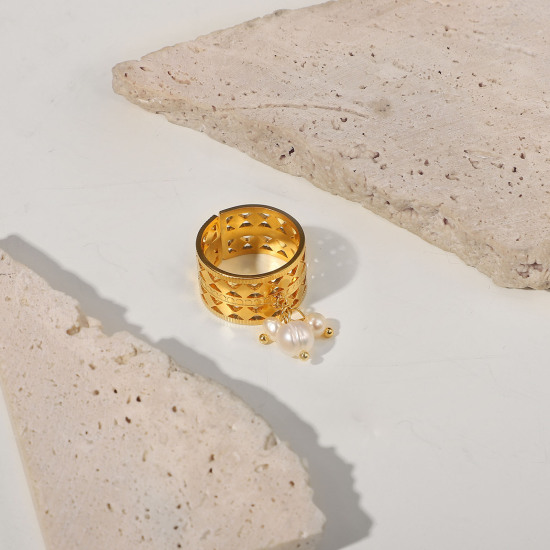 Image de Respectueux de la Nature Simple & Décontracté Bagues Ouvert Élégant en 304 Acier Inoxydable & Perle Naturelle Plaqué Or Véritable 18K Blanc Pour Femmes 1 Pièce