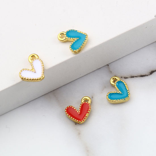 Picture of Zinc Based Alloy Valentine's Day Charms Heart Gold Plated Multicolor Enamel 10mm x 9mm, 20 PCs