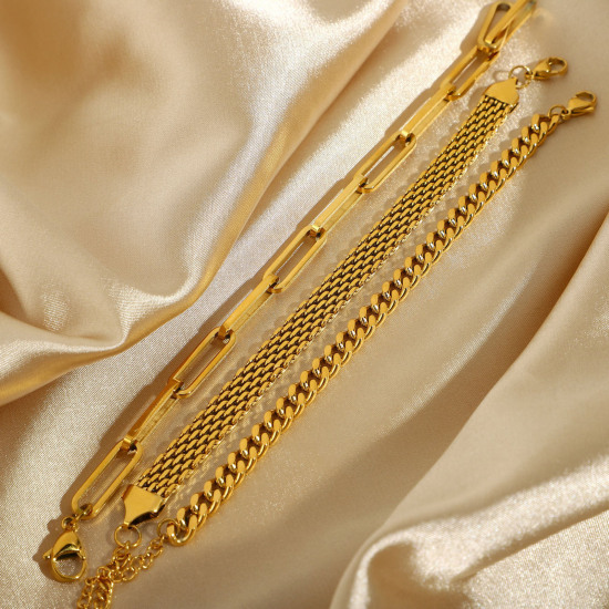 Immagine di Ecologico Semplice & Casual Elegante 18K Vero Oro Placcato 304 Acciaio Inossidabile Catena Catena a Maglie Braccialetti Unisex Festa 1 Pz