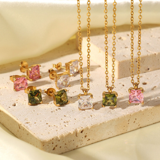 Imagen de Respetuoso del Medio Ambiente Dulce & Lindo piedra del zodíaco 18K Oro Real Chapado Multicolor 304 Acero Inoxidable & Circón Artificial Cable Cadena Cruz Cuadrado Collar con Colgante Para Mujeres Cumpleaños 44cm longitud, 1 Unidad