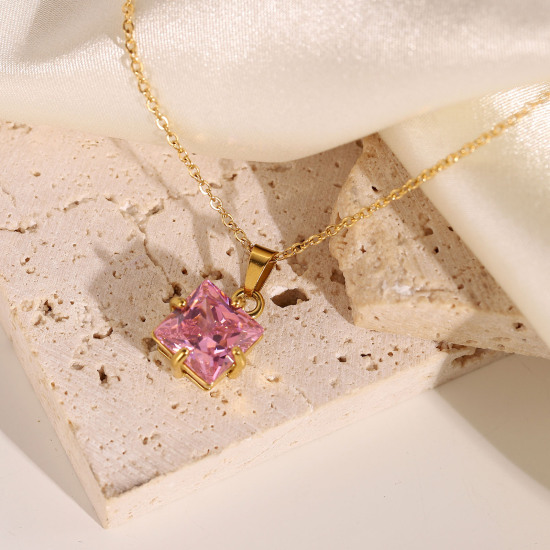 Imagen de Respetuoso del Medio Ambiente Dulce & Lindo piedra del zodíaco 18K Oro Real Chapado Multicolor 304 Acero Inoxidable & Circón Artificial Cable Cadena Cruz Cuadrado Collar con Colgante Para Mujeres Cumpleaños 44cm longitud, 1 Unidad
