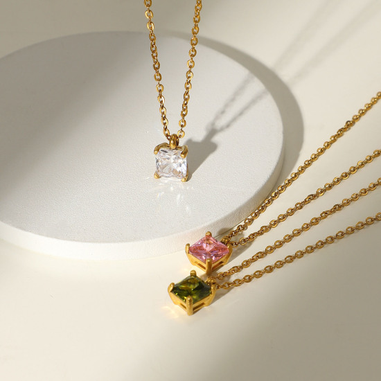 Imagen de Respetuoso del Medio Ambiente Dulce & Lindo piedra del zodíaco 18K Oro Real Chapado Multicolor 304 Acero Inoxidable & Circón Artificial Cable Cadena Cruz Cuadrado Collar con Colgante Para Mujeres Cumpleaños 44cm longitud, 1 Unidad