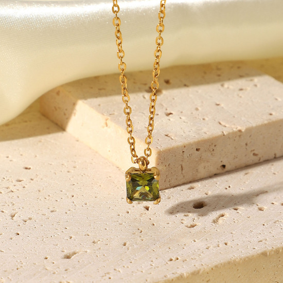 Imagen de Respetuoso del Medio Ambiente Dulce & Lindo piedra del zodíaco 18K Oro Real Chapado Multicolor 304 Acero Inoxidable & Circón Artificial Cable Cadena Cruz Cuadrado Collar con Colgante Para Mujeres Cumpleaños 44cm longitud, 1 Unidad