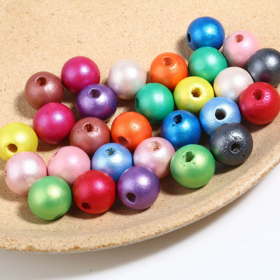 Picture of Natural Schima Superba Wood Spacer Beads Round Multicolor Painted About 16mm Dia., Hole: Approx 4.4mm-3.9mm, 50 PCs