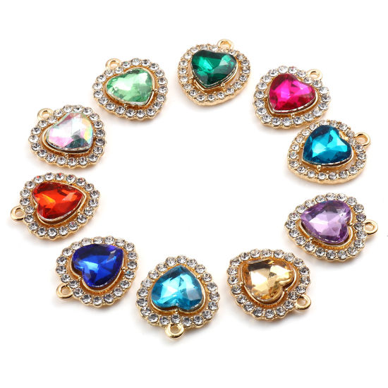Immagine di 10 Pz Lega di Zinco San Valentino Charms Oro Placcato Multicolore Cuore Trasparente Strass Micro Spianare 18mm x 15mm