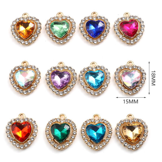 Immagine di 10 Pz Lega di Zinco San Valentino Charms Oro Placcato Multicolore Cuore Trasparente Strass Micro Spianare 18mm x 15mm