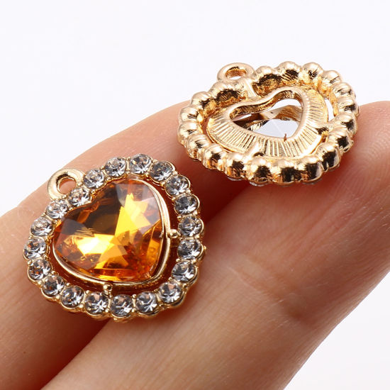 Immagine di 10 Pz Lega di Zinco San Valentino Charms Oro Placcato Multicolore Cuore Trasparente Strass Micro Spianare 18mm x 15mm