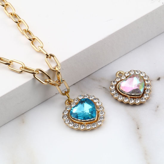 Immagine di 10 Pz Lega di Zinco San Valentino Charms Oro Placcato Multicolore Cuore Trasparente Strass Micro Spianare 18mm x 15mm