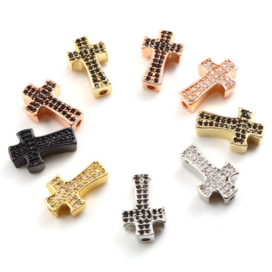 Picture of Brass Religious Spacer Beads Cross Micro Pave Multicolour Cubic Zirconia 14mm x 9mm, Hole: Approx 1.7mm, 2 PCs                                                                                                                                                
