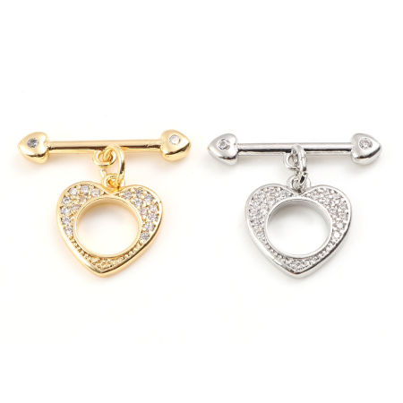 Brass Toggle Clasps Multicolor Heart Micro Pave Clear Rhinestone 20mm x 20mm, 1 Piece