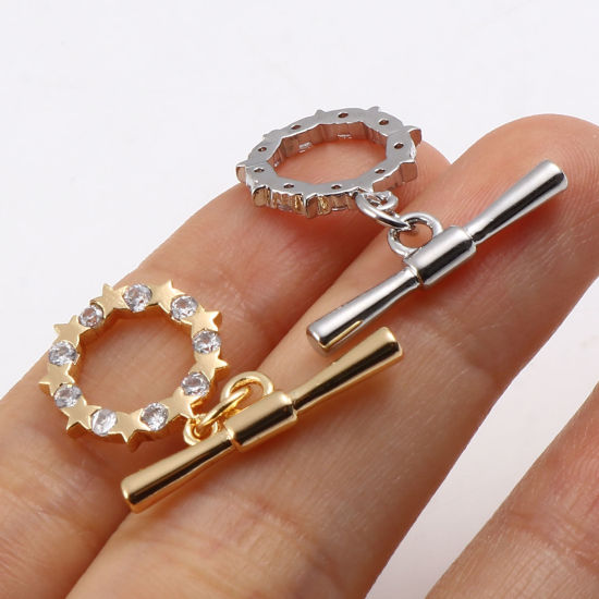 Picture of Brass Toggle Clasps Multicolor Round Star Hollow Clear Rhinestone 23mm x 22mm, 1 Piece