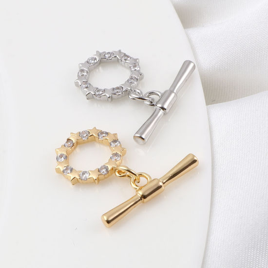 Picture of Brass Toggle Clasps Multicolor Round Star Hollow Clear Rhinestone 23mm x 22mm, 1 Piece