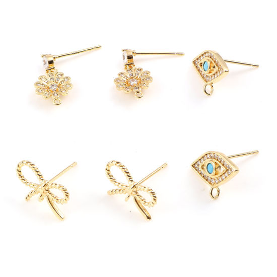 Picture of Brass Ear Post Stud Earrings 18K Real Gold Plated Post/ Wire Size: 0.7mm, 2 PCs
