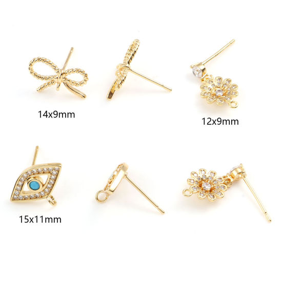 Picture of Brass Ear Post Stud Earrings 18K Real Gold Plated Post/ Wire Size: 0.7mm, 2 PCs