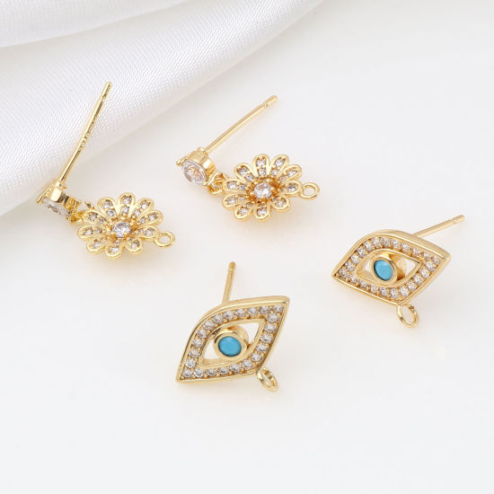Picture of Brass Ear Post Stud Earrings 18K Real Gold Plated Post/ Wire Size: 0.7mm, 2 PCs
