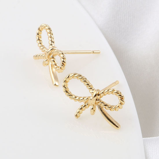 Picture of Brass Ear Post Stud Earrings 18K Real Gold Plated Post/ Wire Size: 0.7mm, 2 PCs