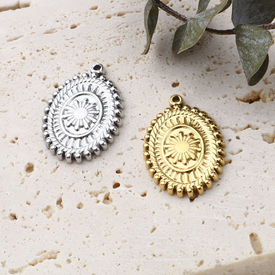 Picture of Stainless Steel Charms Oval Multicolor Flower 19mm x 14mm, 1 Piece