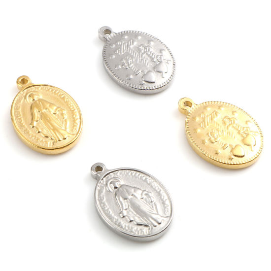 Picture of Stainless Steel Religious Charms Oval Multicolor Jesus 19mm x 13mm, 1 Piece