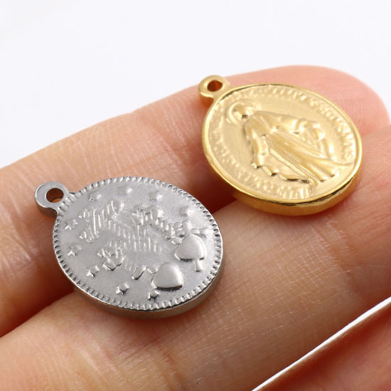 Picture of Stainless Steel Religious Charms Oval Multicolor Jesus 19mm x 13mm, 1 Piece