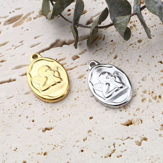 Immagine di Acciaio Inossidabile Religione Charms Ovale Multicolore Angelo 22mm x 15mm, 1 Pz