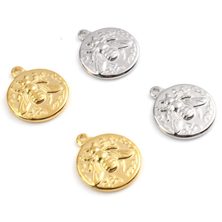 Stainless Steel Insect Charms Round Disc Multicolor Bee 18mm x 15mm, 1 Piece