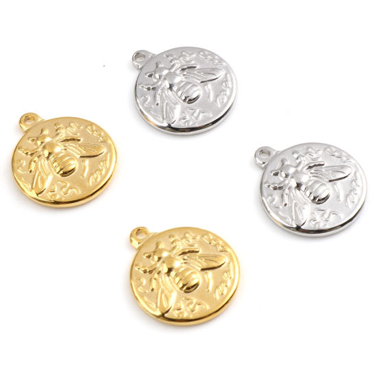Immagine di Acciaio Inossidabile Insetto Charms Tondo Multicolore Ape 18mm x 15mm, 1 Pz