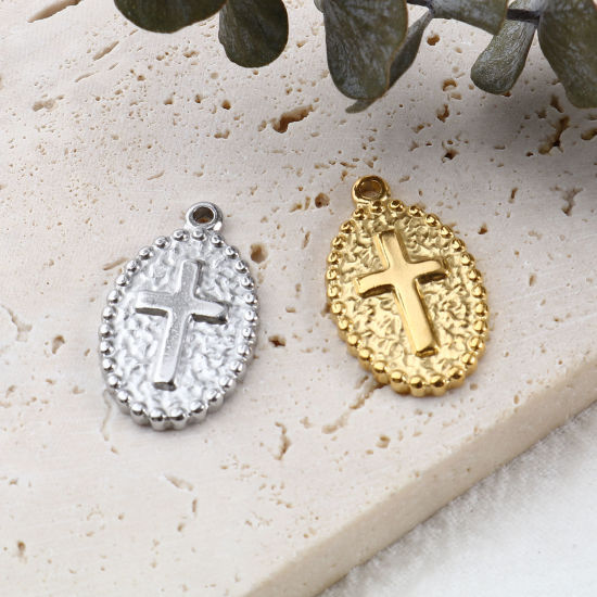 Изображение Нержавеющая Сталь религия религия Подвески Овальные Разноцветный Крест 23мм x 14мм, 1 ШТ